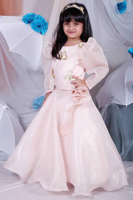 Buy_Kirti Agarwal - Pret N Couture_Peach Satin, Organza Fabric Flowers, Embroidery Embellished Lehenga Set_Online_at_Aza_Fashions