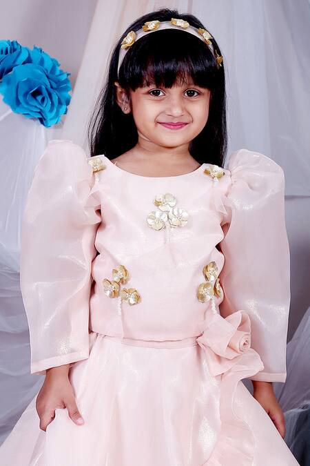 Shop_Kirti Agarwal - Pret N Couture_Peach Satin, Organza Fabric Flowers, Embroidery Embellished Lehenga Set_Online_at_Aza_Fashions