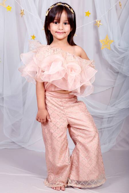 Kirti Agarwal - Pret N Couture_Peach Silk, Organza, Net Sequins Embellished Flared Pant Set _Online_at_Aza_Fashions