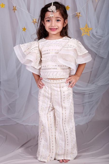 Kirti Agarwal - Pret N Couture_Off White Georgette, Organza Sequins Embellished Flared Pant Set _Online_at_Aza_Fashions
