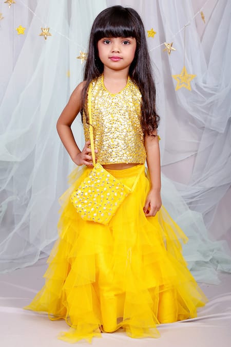 Kirti Agarwal - Pret N Couture_Gold Silk, Net Sequins Skirt Set _Online_at_Aza_Fashions