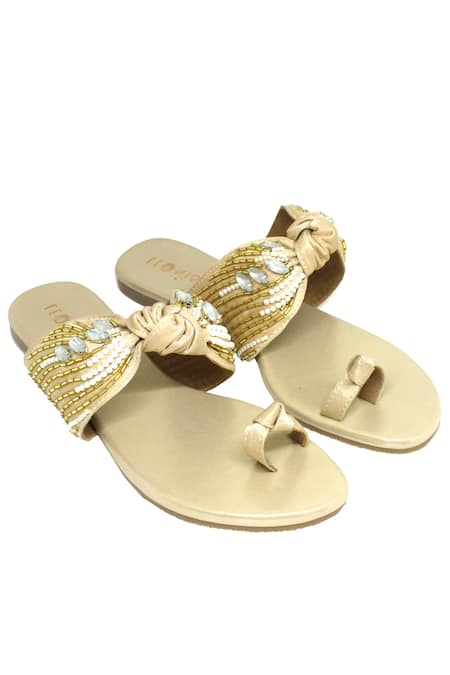 Leonish Gold Embellished Flat Sandals