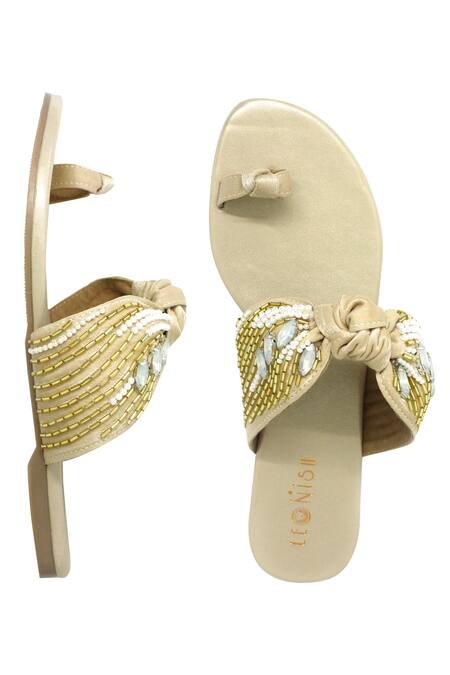 Leonish_Gold Embellished Flat Sandals_Online_at_Aza_Fashions