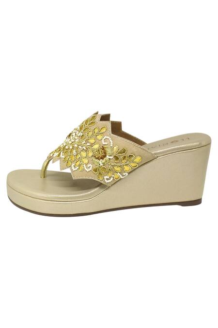 Leonish_Gold Embellished Wedges_Online_at_Aza_Fashions