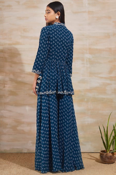 Shop_Sana Barreja_Blue Chiffon V Neck Printed Pant Set _at_Aza_Fashions