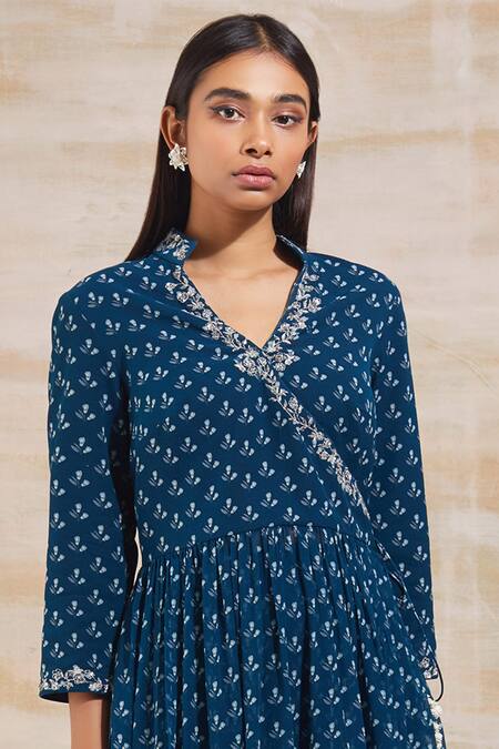 Buy_Sana Barreja_Blue Chiffon V Neck Printed Pant Set _Online_at_Aza_Fashions