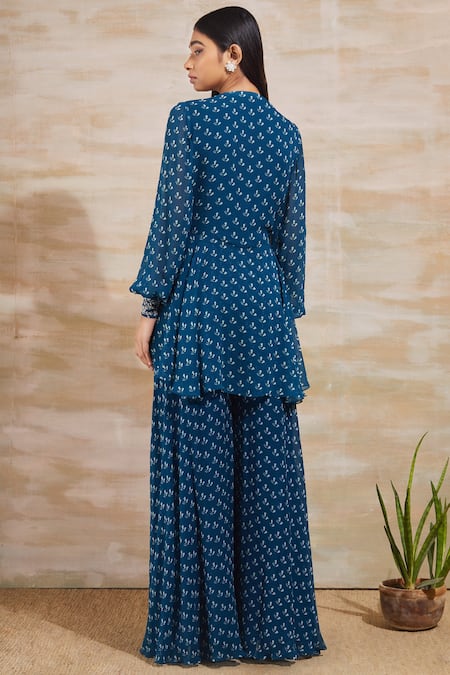 Shop Sana Barreja Blue Georgette Round Printed Pant Set at Aza Fashions Shop_Sana Barreja_Blue Georgette Round Printed Pant Set _at_Aza_Fashions