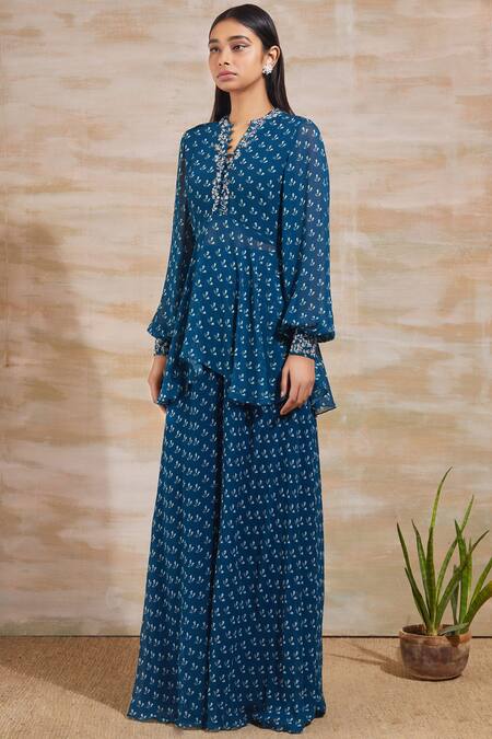 Buy Sana Barreja Blue Georgette Round Printed Pant Set Online at Aza Fashions Buy_Sana Barreja_Blue Georgette Round Printed Pant Set _Online_at_Aza_Fashions