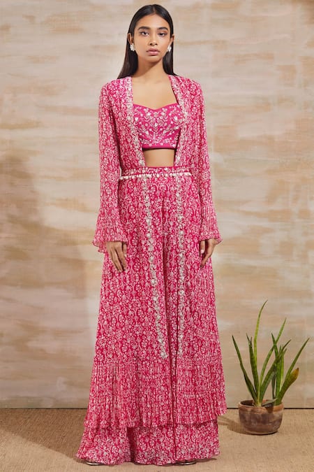 Sana Barreja Pink Georgette Blouse Sweetheart Jacket Open Printed Pant Set  