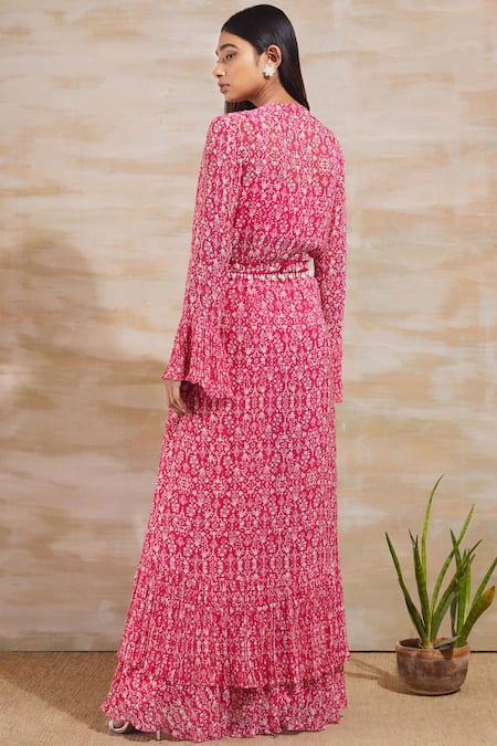 Shop_Sana Barreja_Pink Georgette Blouse Sweetheart Jacket Open Printed Pant Set _at_Aza_Fashions