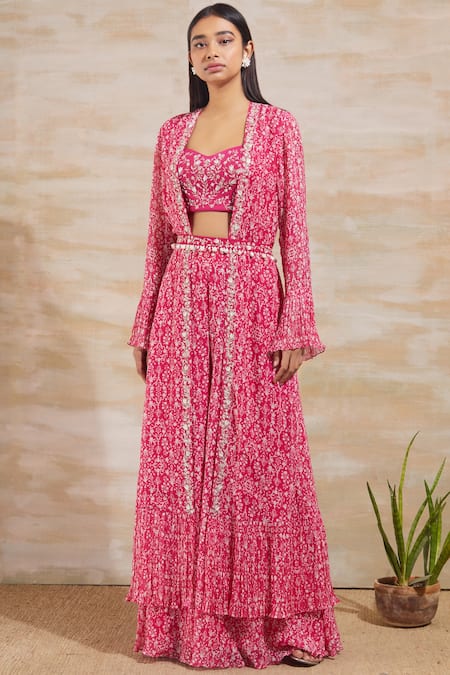 Sana Barreja_Pink Georgette Blouse Sweetheart Jacket Open Printed Pant Set _Online_at_Aza_Fashions