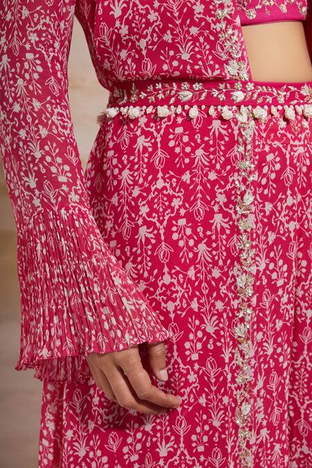 Buy_Sana Barreja_Pink Georgette Blouse Sweetheart Jacket Open Printed Pant Set _Online_at_Aza_Fashions