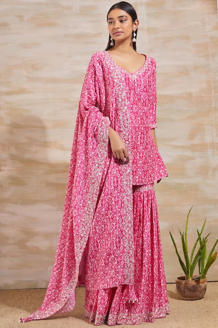 Sana Barreja Pink Chanderi V Neck Printed Kurta Sharara Set  