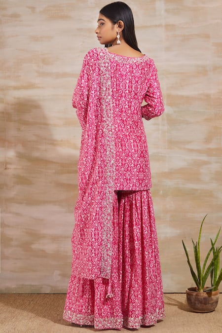 Shop_Sana Barreja_Pink Chanderi V Neck Printed Kurta Sharara Set _at_Aza_Fashions
