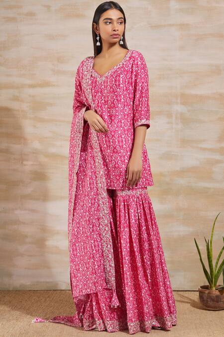 Sana Barreja_Pink Chanderi V Neck Printed Kurta Sharara Set _Online_at_Aza_Fashions