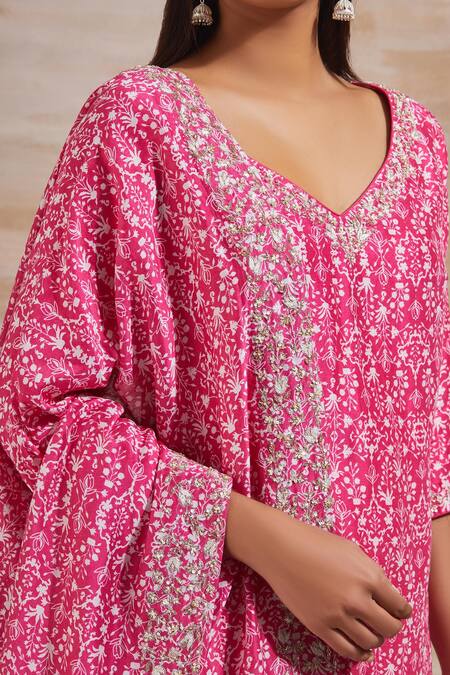 Buy_Sana Barreja_Pink Chanderi V Neck Printed Kurta Sharara Set _Online_at_Aza_Fashions