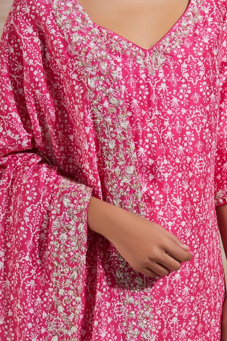 Shop_Sana Barreja_Pink Chanderi V Neck Printed Kurta Sharara Set _Online_at_Aza_Fashions