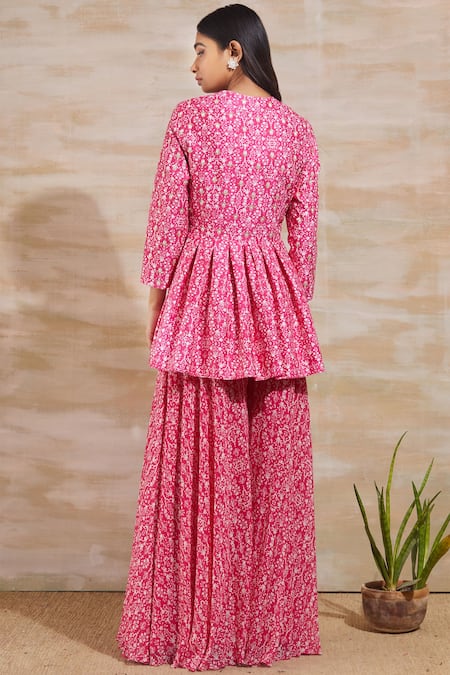 Shop Sana Barreja Pink Chanderi Top V Neckblouse Sweetheart Printed Pant Set at Aza Fashions Shop_Sana Barreja_Pink Chanderi Top V Neckblouse Sweetheart Printed Pant Set _at_Aza_Fashions