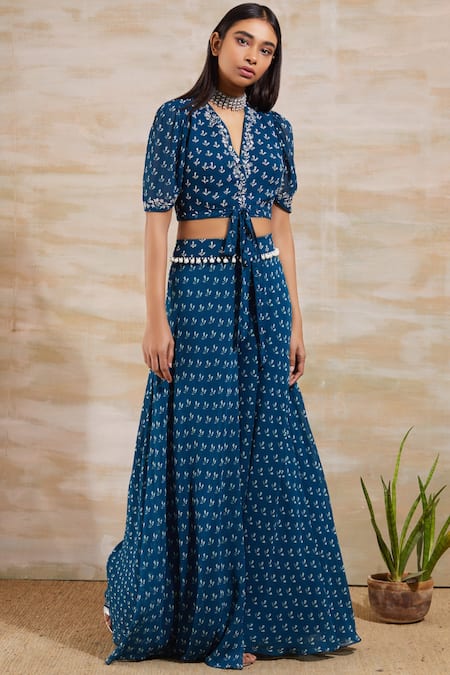 Sana Barreja Blue Georgette V Neck Printed Pant Set  