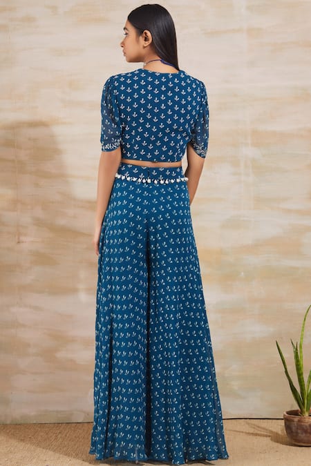 Shop Sana Barreja Blue Georgette V Neck Printed Pant Set at Aza Fashions Shop_Sana Barreja_Blue Georgette V Neck Printed Pant Set _at_Aza_Fashions