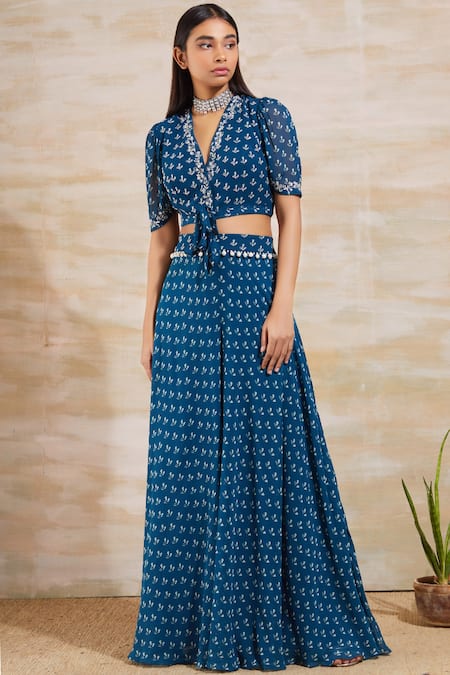 Buy Sana Barreja Blue Georgette V Neck Printed Pant Set Online at Aza Fashions Buy_Sana Barreja_Blue Georgette V Neck Printed Pant Set _Online_at_Aza_Fashions