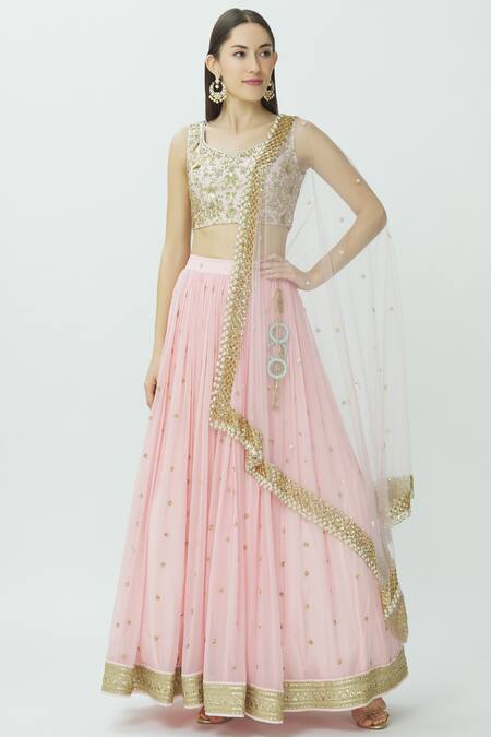 Megha & Jigar_Pink Chanderi Leaf Neck Lehenga Set_Online_at_Aza_Fashions