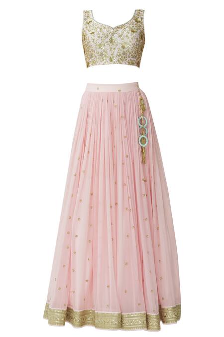 Buy_Megha & Jigar_Pink Chanderi Leaf Neck Lehenga Set_Online_at_Aza_Fashions