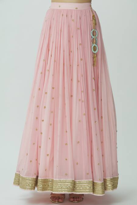 Shop_Megha & Jigar_Pink Chanderi Leaf Neck Lehenga Set_Online_at_Aza_Fashions