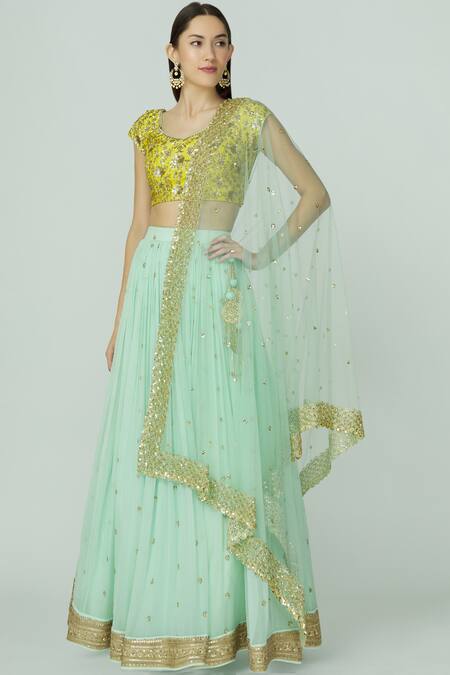 Megha & Jigar_Blue Chanderi Leaf Neck Lehenga Set_Online_at_Aza_Fashions