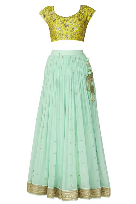 Buy_Megha & Jigar_Blue Chanderi Leaf Neck Lehenga Set_Online_at_Aza_Fashions