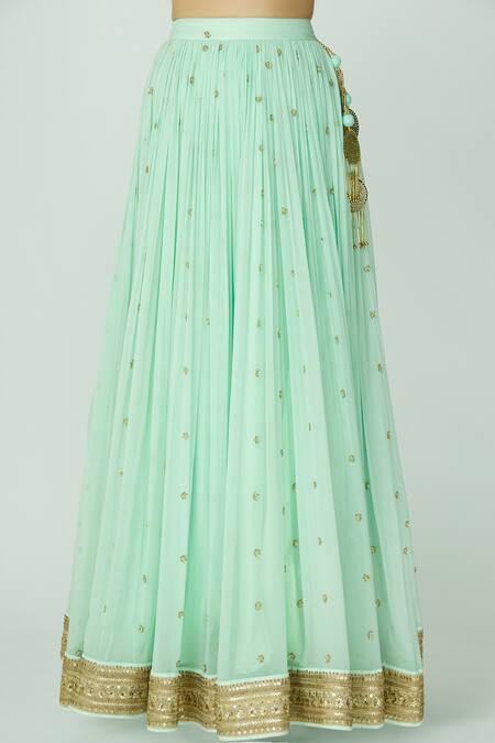 Shop_Megha & Jigar_Blue Chanderi Leaf Neck Lehenga Set_Online_at_Aza_Fashions