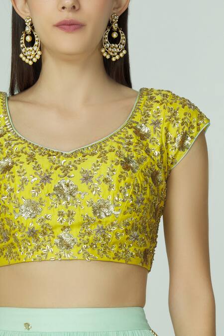 Megha & Jigar_Blue Chanderi Leaf Neck Lehenga Set_at_Aza_Fashions