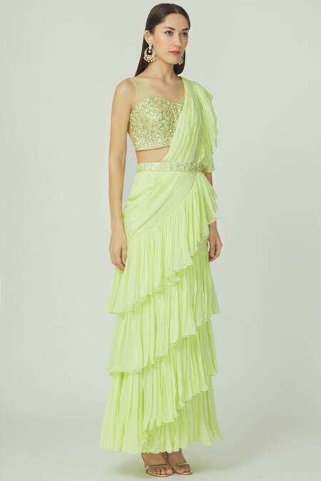 Megha & Jigar_Green Net, Flat Chiffon Round Ruffled Pre-draped Saree Set_Online_at_Aza_Fashions