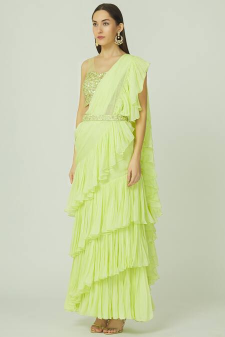 Buy_Megha & Jigar_Green Net, Flat Chiffon Round Ruffled Pre-draped Saree Set_Online_at_Aza_Fashions