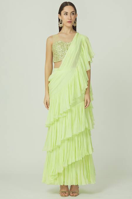 Shop_Megha & Jigar_Green Net, Flat Chiffon Round Ruffled Pre-draped Saree Set_Online_at_Aza_Fashions