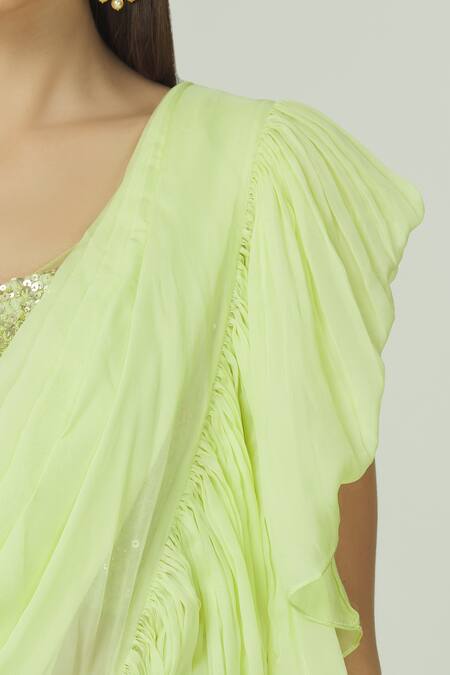 Megha & Jigar_Green Net, Flat Chiffon Round Ruffled Pre-draped Saree Set_at_Aza_Fashions