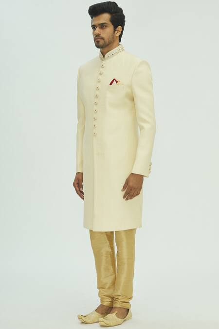 Buy_Aryavir Malhotra_White Jaquard Embellished Sherwani Set _Online_at_Aza_Fashions