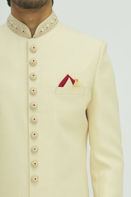 Aryavir Malhotra_White Jaquard Embellished Sherwani Set _at_Aza_Fashions