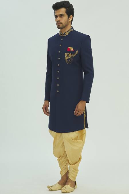 Aryavir Malhotra_Blue Cotton Embellished Sherwani Set _Online_at_Aza_Fashions