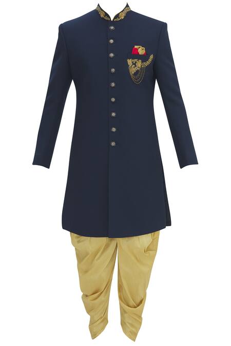 Buy_Aryavir Malhotra_Blue Cotton Embellished Sherwani Set _Online_at_Aza_Fashions