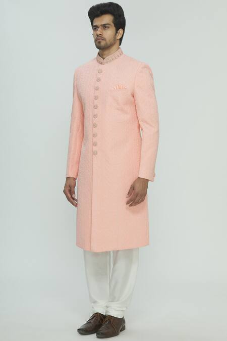 Aryavir Malhotra Peach Chikankari Sherwani Set Online at Aza Fashions Aryavir Malhotra_Peach Chikankari Sherwani Set _Online_at_Aza_Fashions