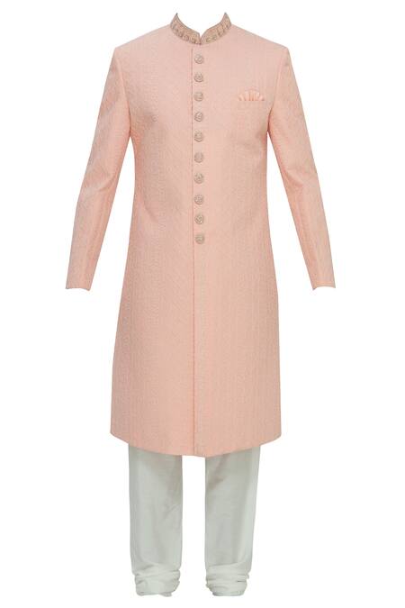 Buy Aryavir Malhotra Peach Chikankari Sherwani Set Online at Aza Fashions Buy_Aryavir Malhotra_Peach Chikankari Sherwani Set _Online_at_Aza_Fashions