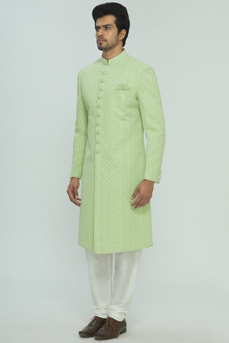Aryavir Malhotra_Green Chikankari Sherwani Set _Online_at_Aza_Fashions