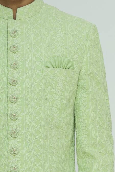 Aryavir Malhotra_Green Chikankari Sherwani Set _at_Aza_Fashions
