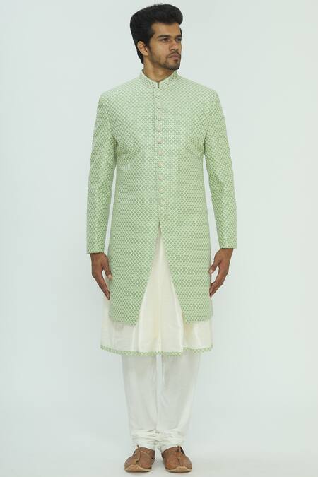 Aryavir Malhotra_Green Chikankari Sherwani Set _Online_at_Aza_Fashions