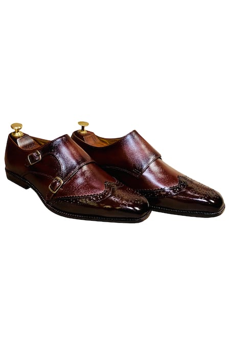 Artimen_Brown Brogue Double Strap Monk Shoes _Online_at_Aza_Fashions