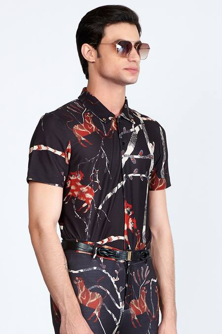 Shivan & Narresh_Black Jersey Printed Trousers _Online_at_Aza_Fashions