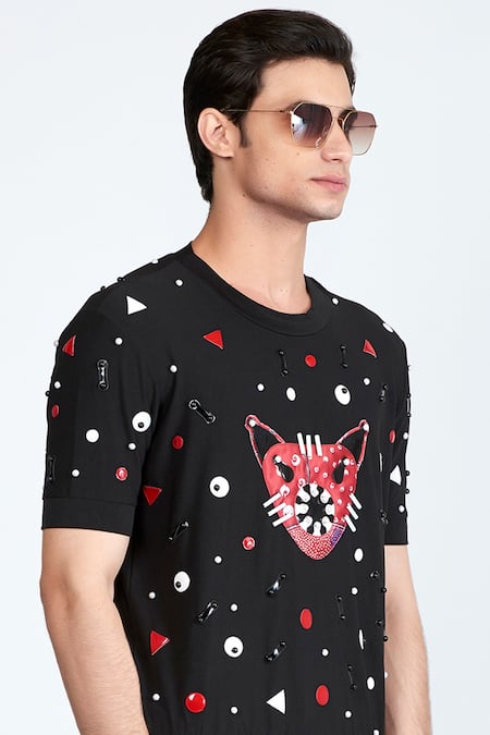 Shivan & Narresh_Black Jersey Embellished T-shirt _Online_at_Aza_Fashions
