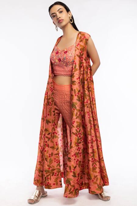 Drishti & Zahabia_Peach Chanderi Silk Top Set_Online_at_Aza_Fashions