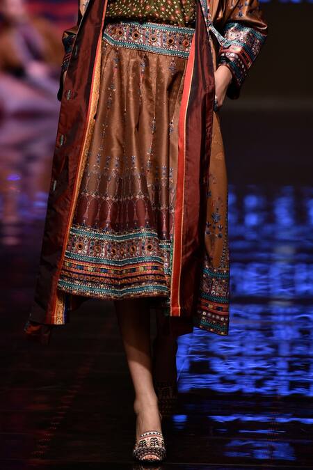 Rajdeep Ranawat_Brown Dupion Silk Printed Skirt_Online_at_Aza_Fashions